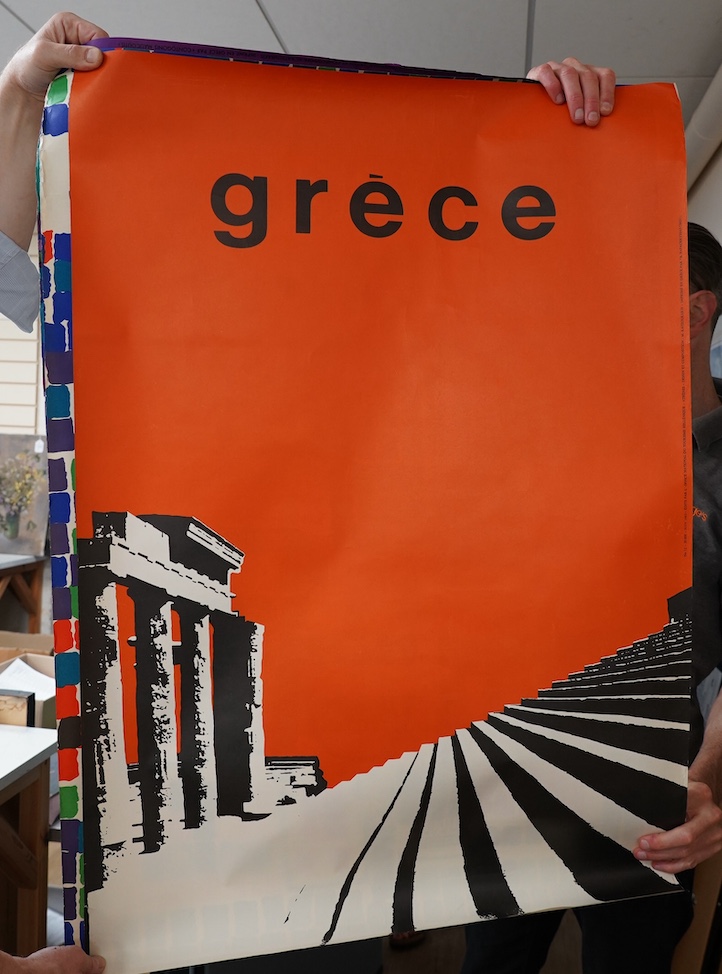 Four 1960s Greece tourism posters published by the National Greek Tourist Office, approximately 98cm x 69cm. Condition fair, some noticeable damage to the side of one